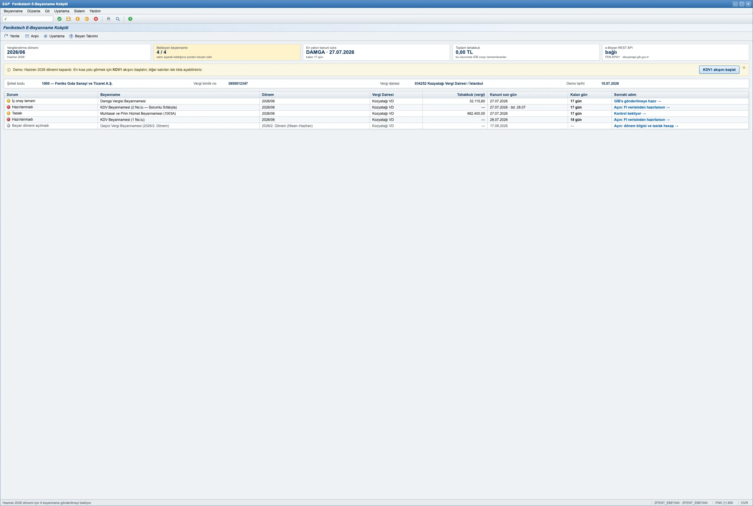SAP E-Beyanname cockpit: period declarations, status lights and due-date tracking
